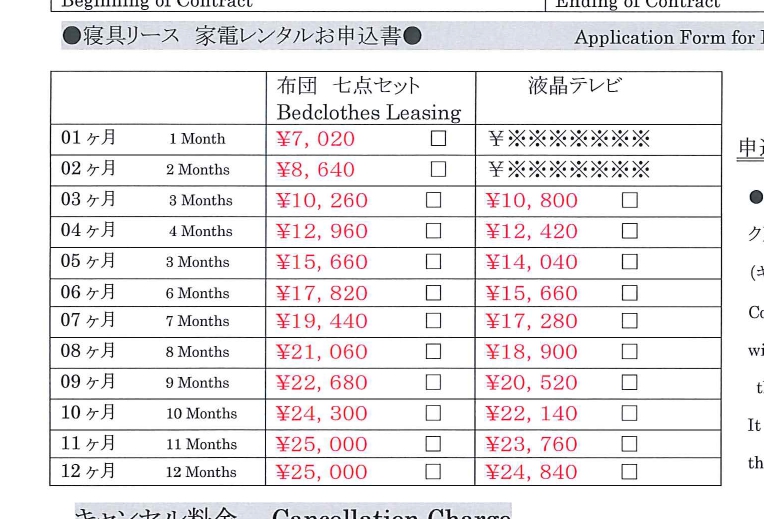 千本二条棉被、電視租用料金表